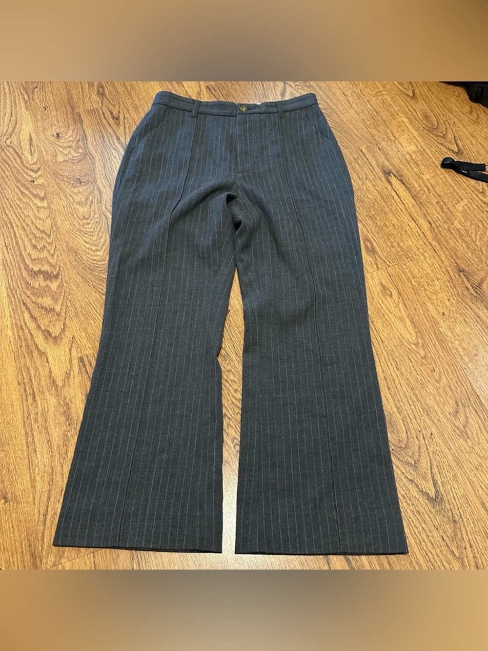 THE GREAT. Gray Pinstriped Wide-Leg Trousers in Charcoal wool blend pants 27